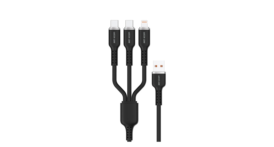 Green Lion 3in1 Silicone Cable USB-A To USB-C×2 and Lightning - Black